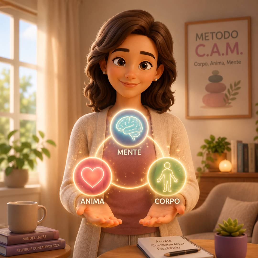 Illustrazione dei tre livelli del Metodo C.A.M. alla base dell'approccio corpo mente in psicologia