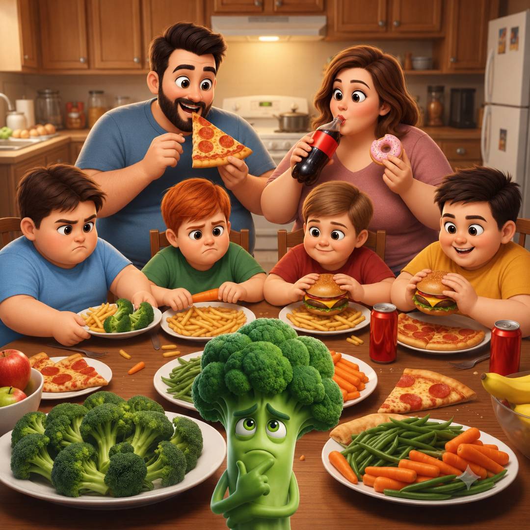 rischi-alimentazione-scorretta-junk-food-bambini Illustrazione dei rischi legati al consumo di cibi ultra-processati in famiglia, tematica affrontata nei percorsi di educazione alimentare per bambini a Novara.