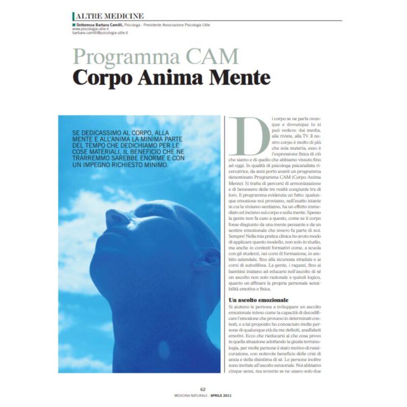 articolo-dottoressa-barbara-camilli-somatizzazione-ansia-novara-metodo-cam Scansione dell'articolo della Dott.ssa Barbara Camilli pubblicato sulla rivista Medicina Naturale riguardante il Programma CAM (Corpo Anima Mente) e la somatizzazione dell'ansia a Novara, con focus sulla gestione clinica delle diverse forme e manifestazioni fisiche dello stress.