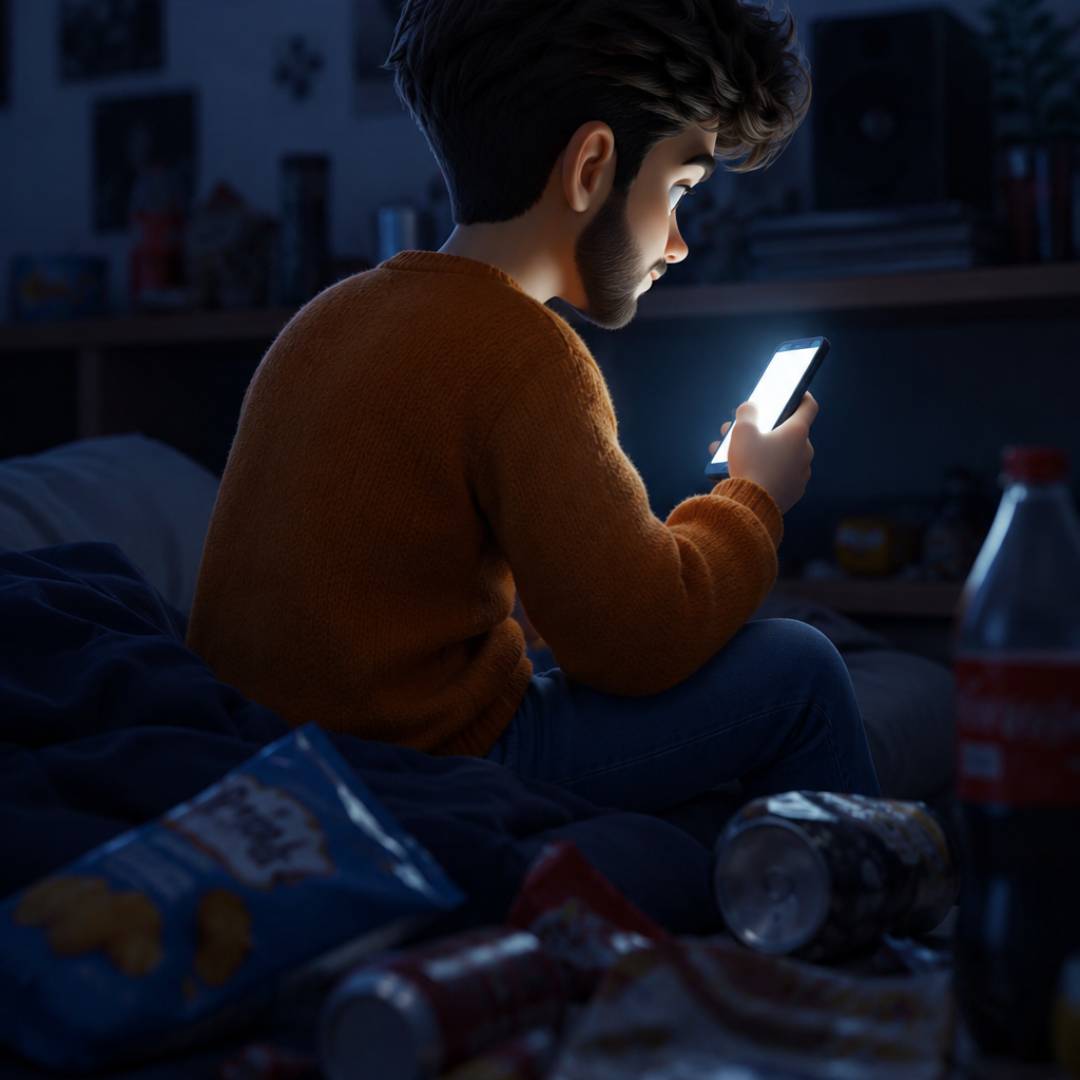 Illustrazione 3D di un adolescente seduto al buio in camera mentre guarda lo smartphone, circondato sul letto da sacchetti di patatine e bibite gassate; uno scenario che evidenzia le cattive abitudini quotidiane e la necessità di percorsi mirati di educazione alimentare per ragazzi a Novara.