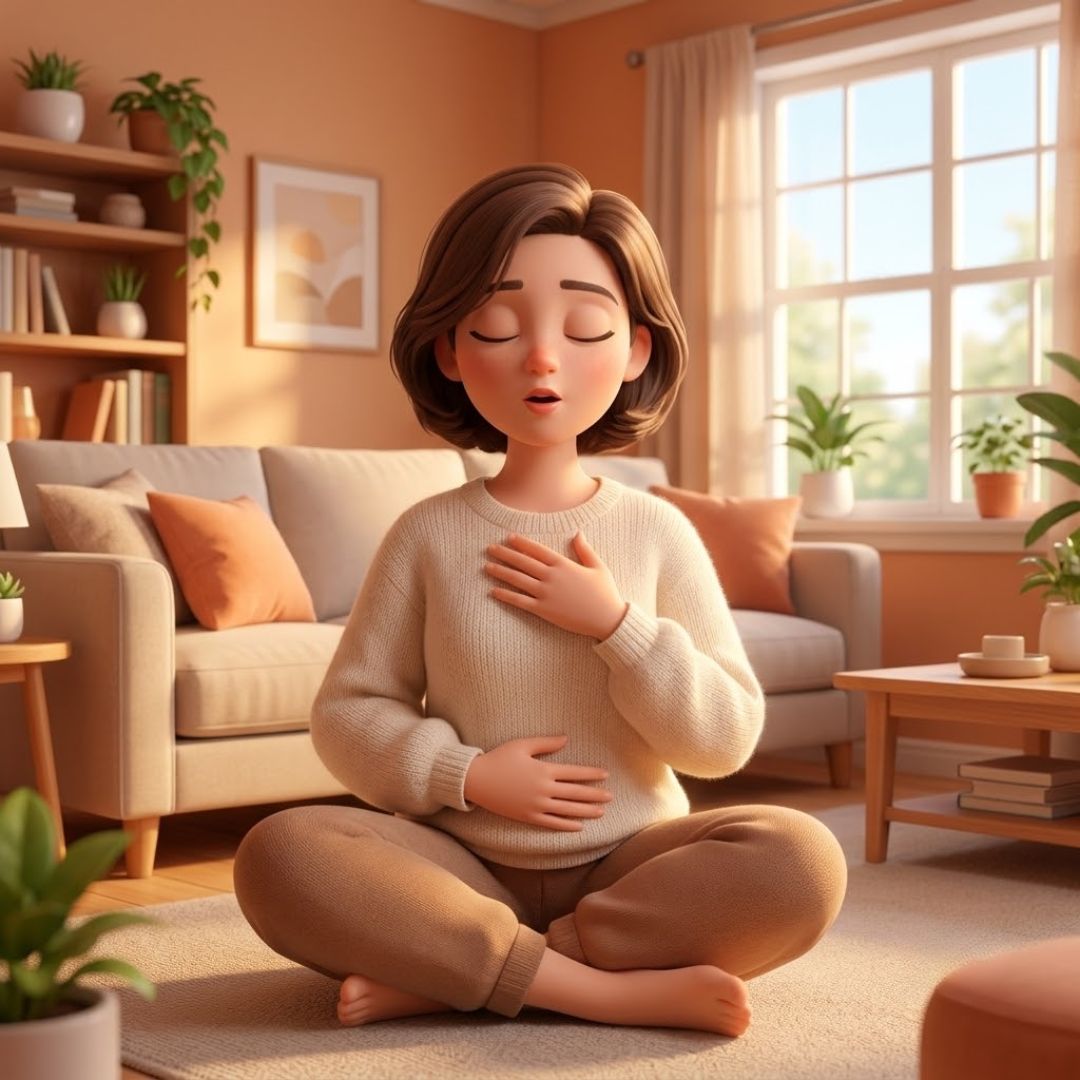 Come disinnescare l'allarme del sistema nervoso quando lo stress prende il sopravvento Donna che pratica una tecnica su come disinnescare l'allarme del sistema nervoso con le mani su petto e addome