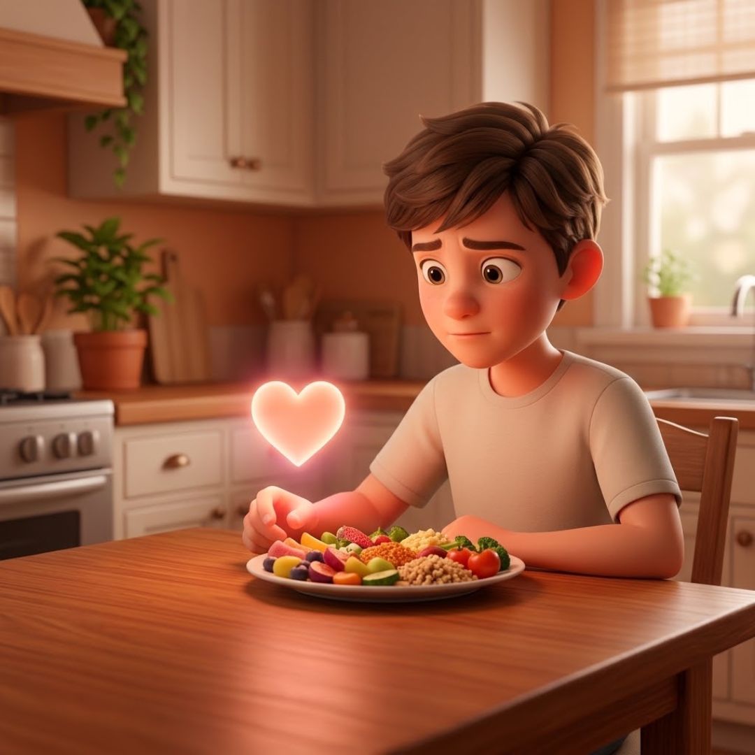 nutriziopoli-educazione-alimentare-emozioni-adolescenti Adolescente che riflette sul proprio rapporto con il cibo e le emozioni, tema centrale di Nutriziopoli educazione alimentare