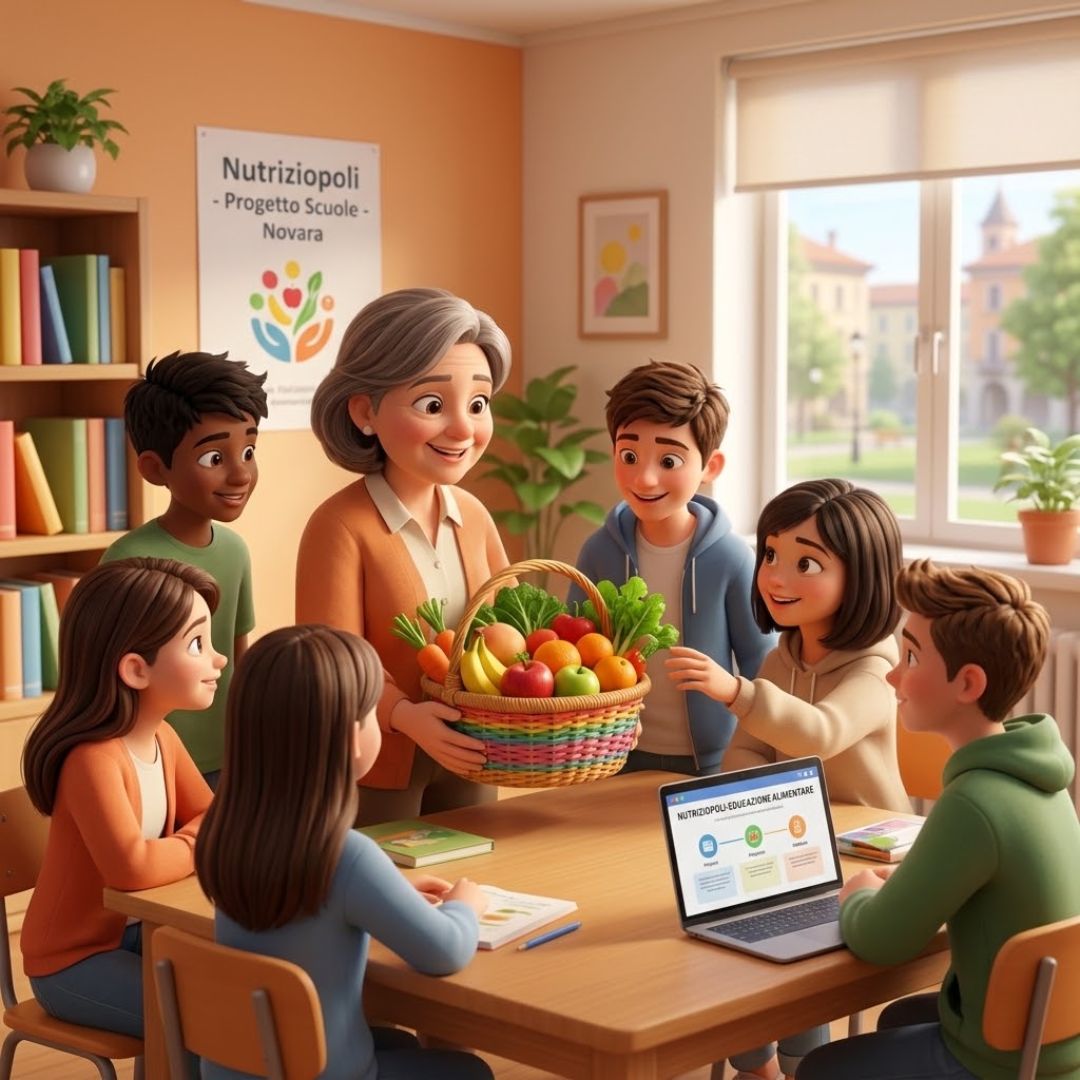 Nutriziopoli educazione alimentare: il progetto per adolescenti a Novara Educatrice che presenta il progetto Nutriziopoli educazione alimentare a un gruppo di adolescenti in classe a Novara