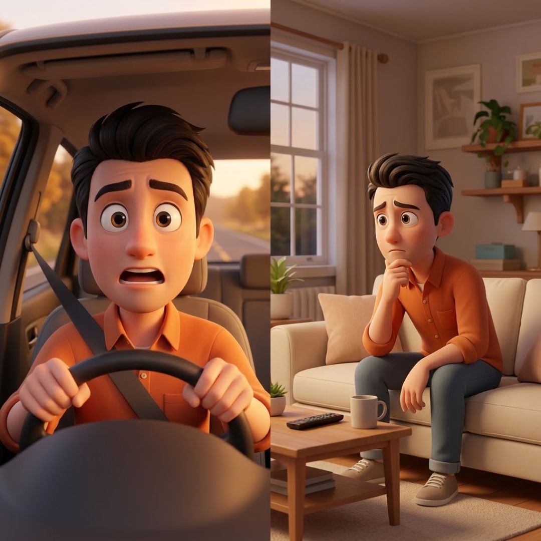 paura-e-ansia-due-risposte-del-corpo Uomo che frena all'improvviso in auto e poi pensieroso sul divano, per mostrare come si distingue la paura dall'ansia