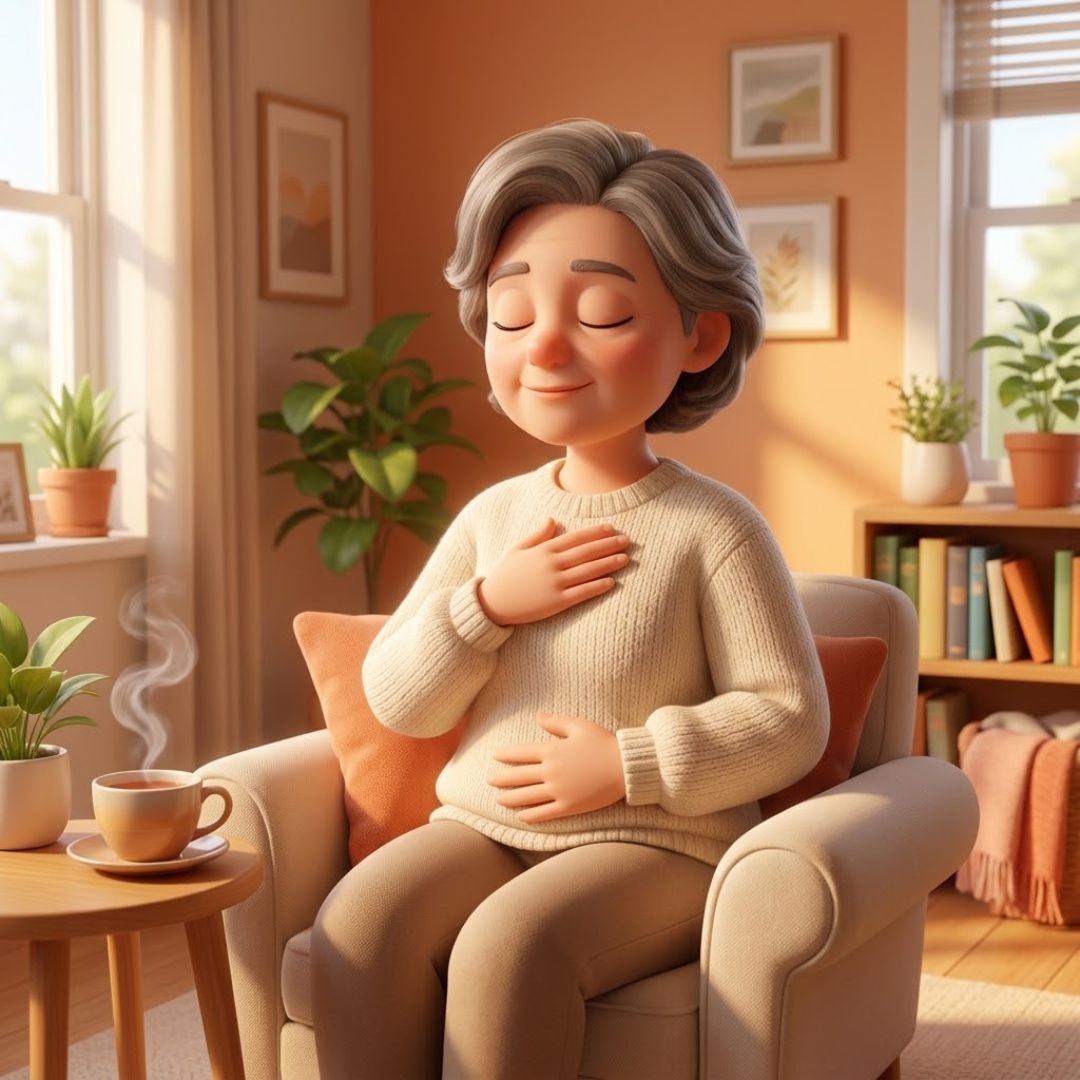 esercizio-respiro-per-capire-paura-o-ansia Persona seduta che respira con una mano sul petto in un esercizio per capire se prova paura o ansia nel corpo