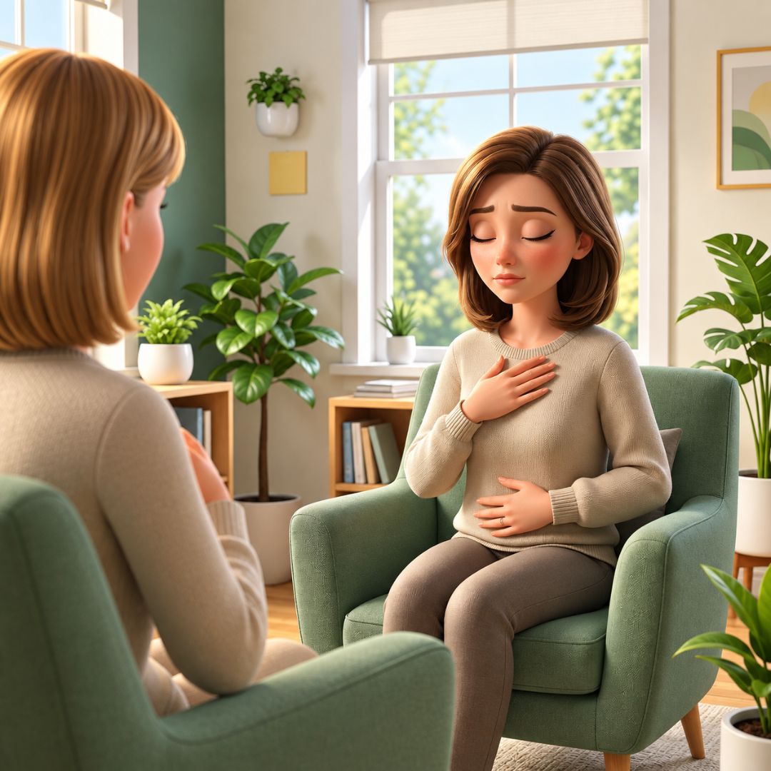 approccio-psicosomatico-metodo-cam-seduta-psicologica Illustrazione di una seduta con approccio psicosomatico: una donna in poltrona, a occhi chiusi, appoggia le mani su petto e pancia e ascolta il respiro insieme alla psicologa